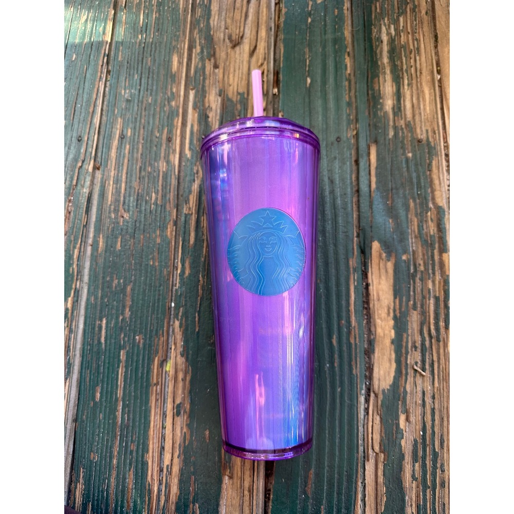 Starbucks Iridescent Purple Venti Tumbler 24oz Cold Cup Faceted Lid Pink Straw